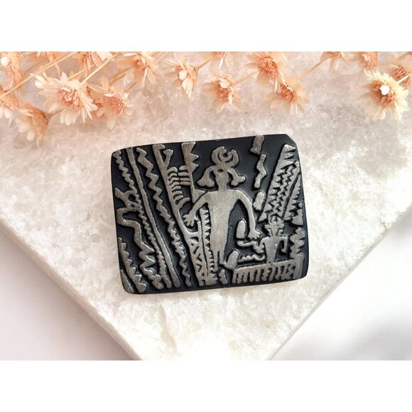 Alice Seely Pewter New Mexico Made Tribal Petroglyph Urban Fetish Vintage Brooch - Picture 8 of 10